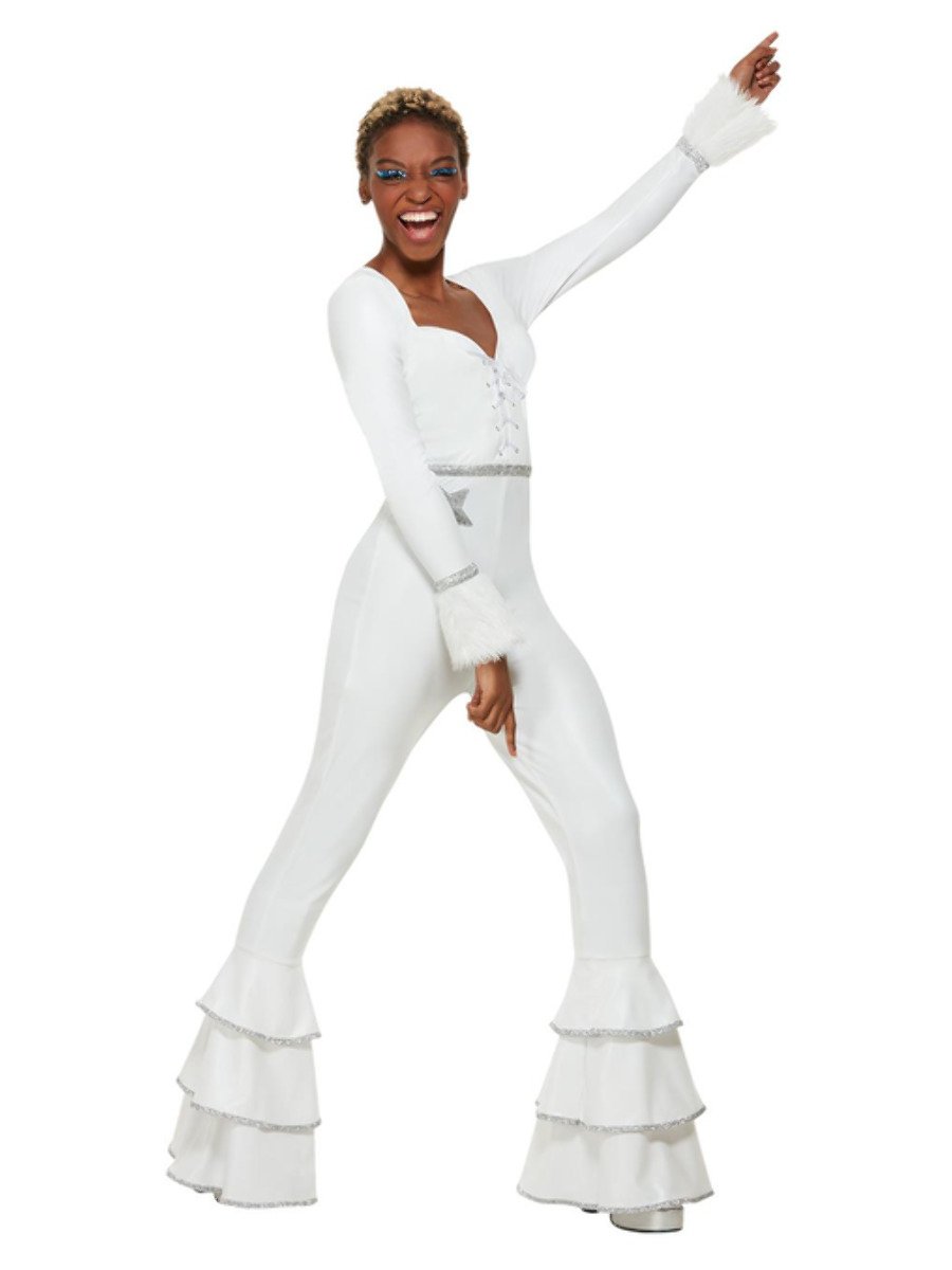 70s ABBA Glam Costume Ladies White Ruffled Jumpsuit 2