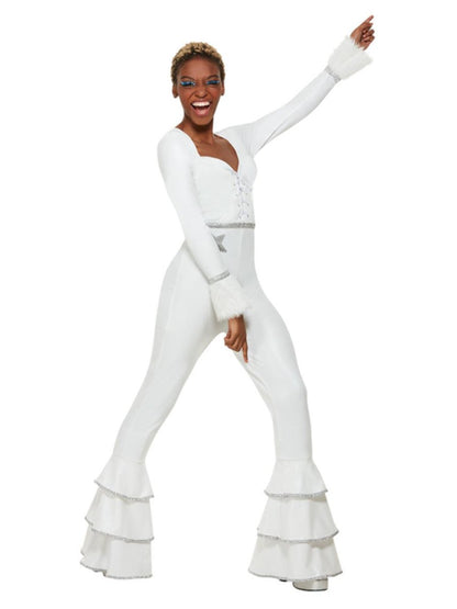 70s ABBA Glam Costume Ladies White Ruffled Jumpsuit 2