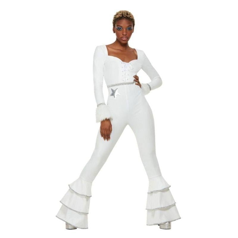 70s ABBA Glam Costume Ladies White Ruffled Jumpsuit 1