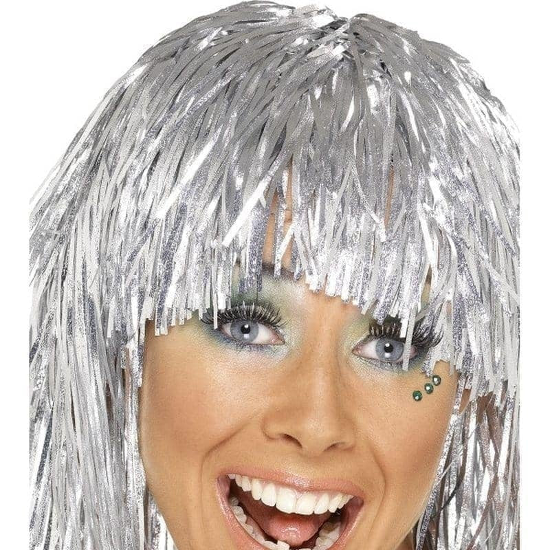 70s Cyber Tinsel Wig Adult Silver Metallic_1