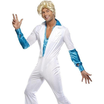 70s Disco Man Costume Adult White ABBA Jumpsuit 1