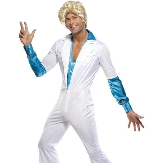 70s Disco Man Costume Adult White ABBA Jumpsuit 1