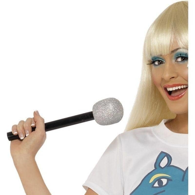70s Glitter Microphone Silver Prop 30cm Party Accessory 1