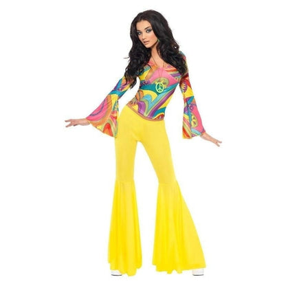 70s Groovy Babe Costume Adult Yellow Flared Trousers Multi Coloured Top 3