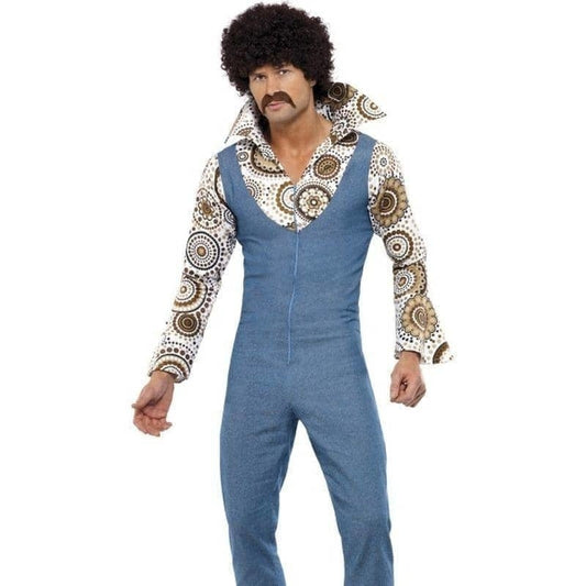 70s Groovy Dancer Costume Adult Blue Floral Jumpsuit 1