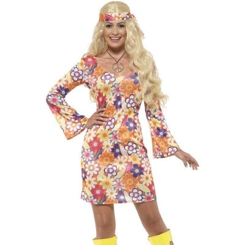 70s Hippie Flower Power Costume Adult Multi Coloured Dress 1
