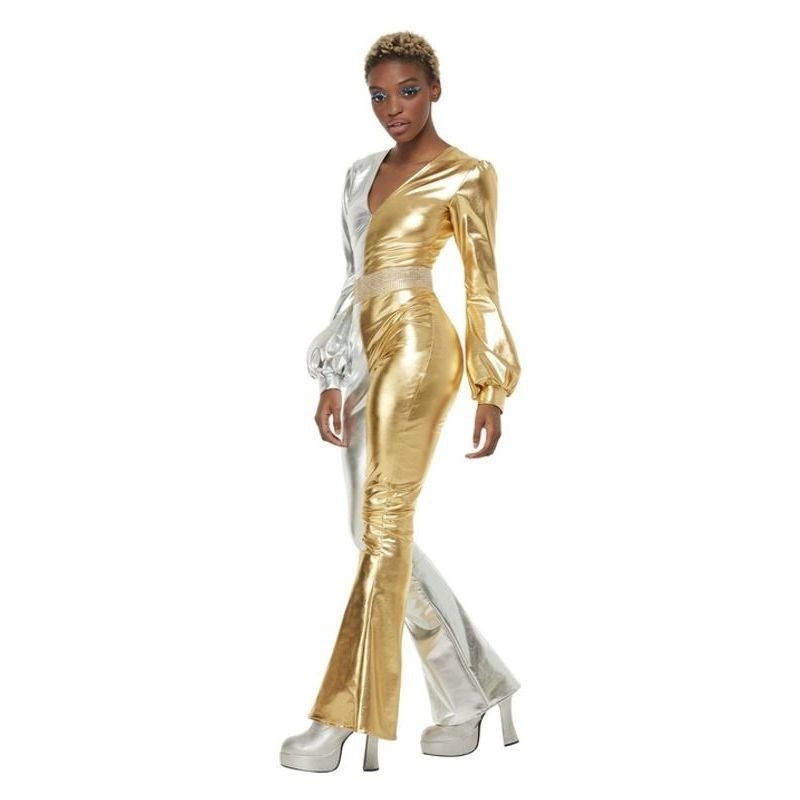 70s Super Chic Costume Adult Jumpsuit Gold Silver_1