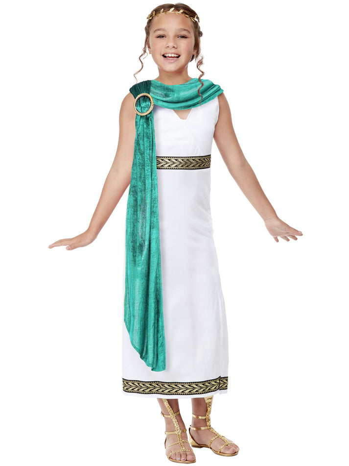 Deluxe Girls Roman Empire Costume White Tunic Dress With Gold and Black Detail Velvet Turquoise Sash 2