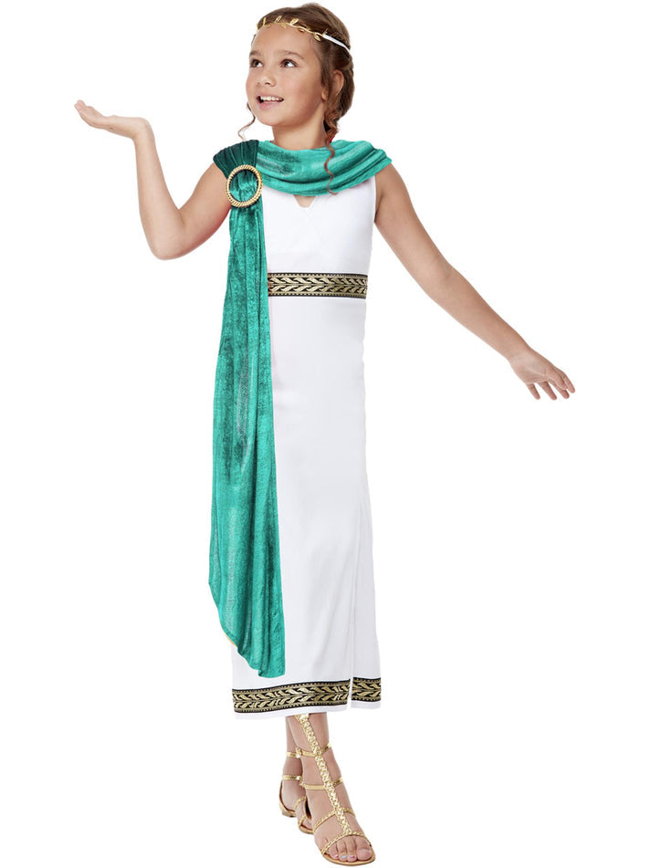 Deluxe Girls Roman Empire Costume White Tunic Dress With Gold and Black Detail Velvet Turquoise Sash 1