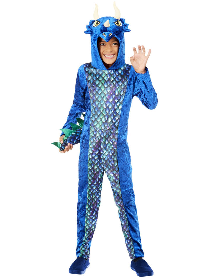Dinosaur Onesie Costume Kids Blue Hooded All In One 1