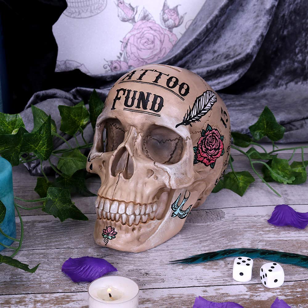 Natural Bone Coloured Traditional Tribal Tattoo Fund Skull Money Box 15cm 9