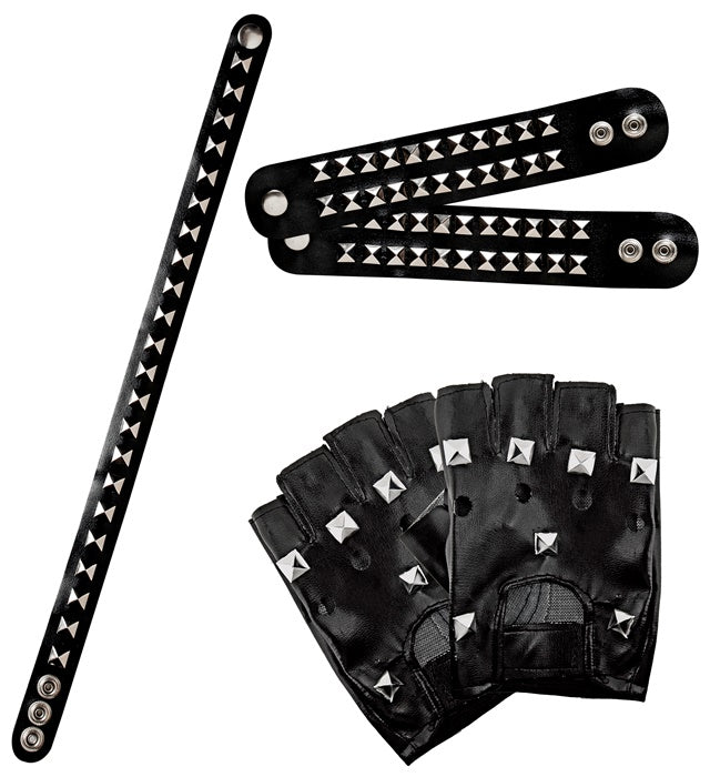 Biker / Rocker Set: Pair Of Studded Gloves - 2 Studded Bracelets  2 Rows  - Studded Choker Leatherlook