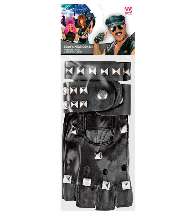 Biker / Rocker Set: Pair Of Studded Gloves - 2 Studded Bracelets  2 Rows  - Studded Choker Leatherlook
