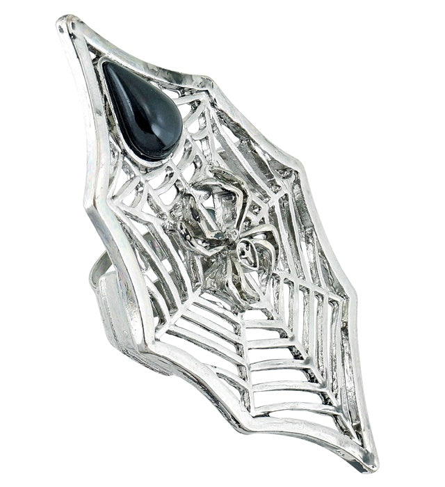 Gothic Spider & Spiderweb Ring With Black Gem
