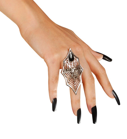 Gothic Spider & Spiderweb Ring With Black Gem