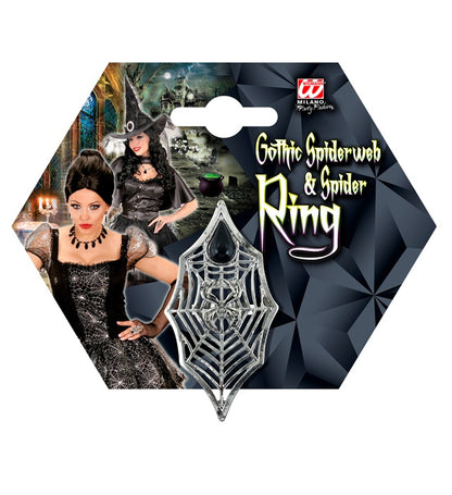 Gothic Spider & Spiderweb Ring With Black Gem