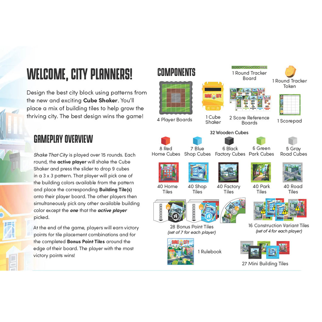 AEG Shake That City | Design The Best City Block by selecting a Pattern from The Cube Shaker | Family Puzzly Tile-Laying Game | 1-4 Players | Ages 10+