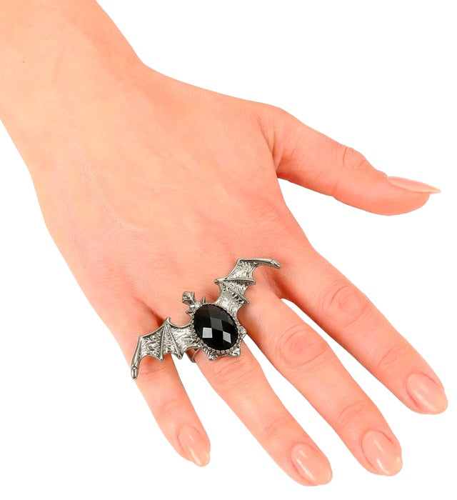 Gothic Bat Ring With Black Gem