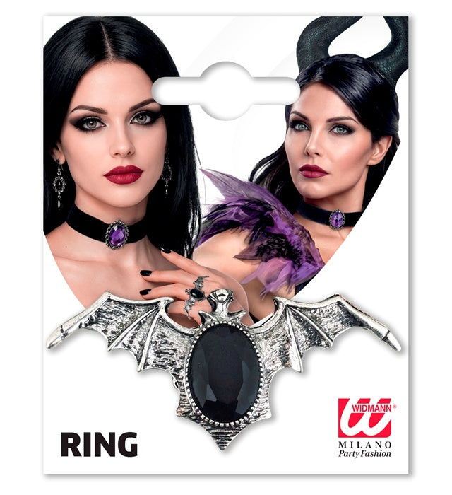 Gothic Bat Ring With Black Gem