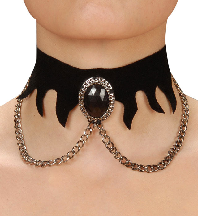 Velvet Gothic Choker With Black Gem & Chains