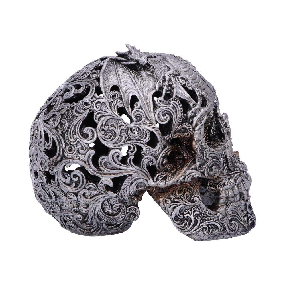 Silver Cranial Drakos Engraved Dragon Skull Ornament 19.5cm 5