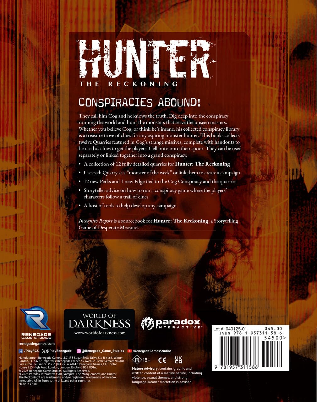 Hunter The Reckoning 5th Edition Roleplaying Game Incognito Report Sourcebook by Renegade Studio 3
