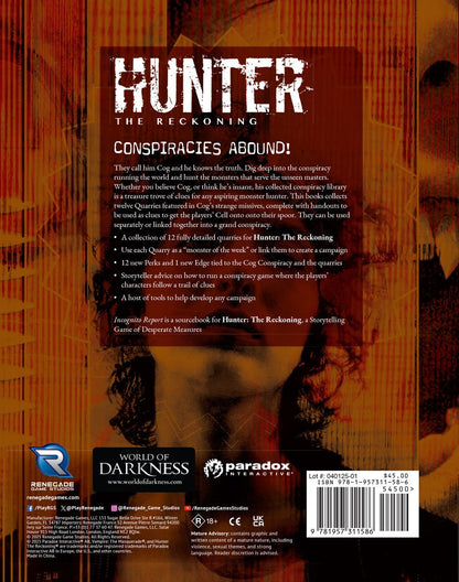 Hunter The Reckoning 5th Edition Roleplaying Game Incognito Report Sourcebook by Renegade Studio 3