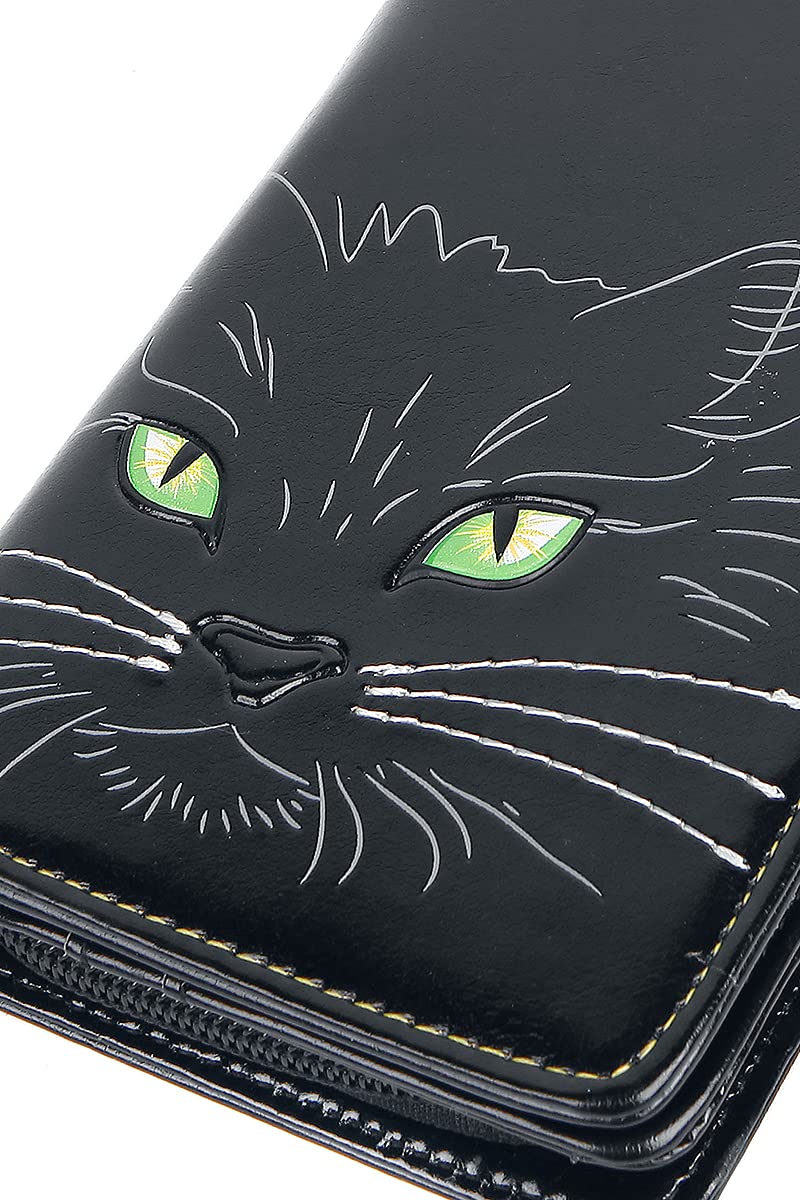 Black Lucky Cat Purse Embossed Eye Tail Wallet Large 18.5cm