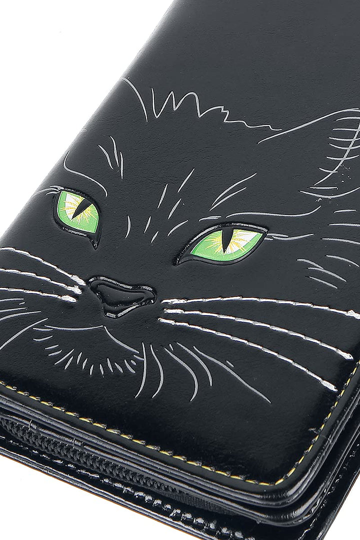Black Lucky Cat Purse Embossed Eye Tail Wallet Large 18.5cm