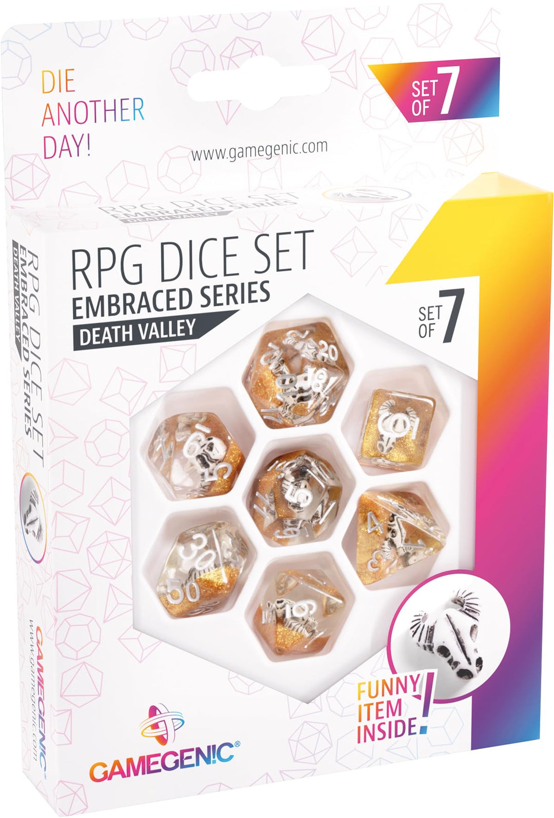 Gamegenic Embraced Series RPG Dice Set | Set of 7 Dice in a Variety of Sizes Designed for Roleplaying Games | Premium Quality Resin Dice with Unique Thematic Death Valley Design | Made by Gamegenic