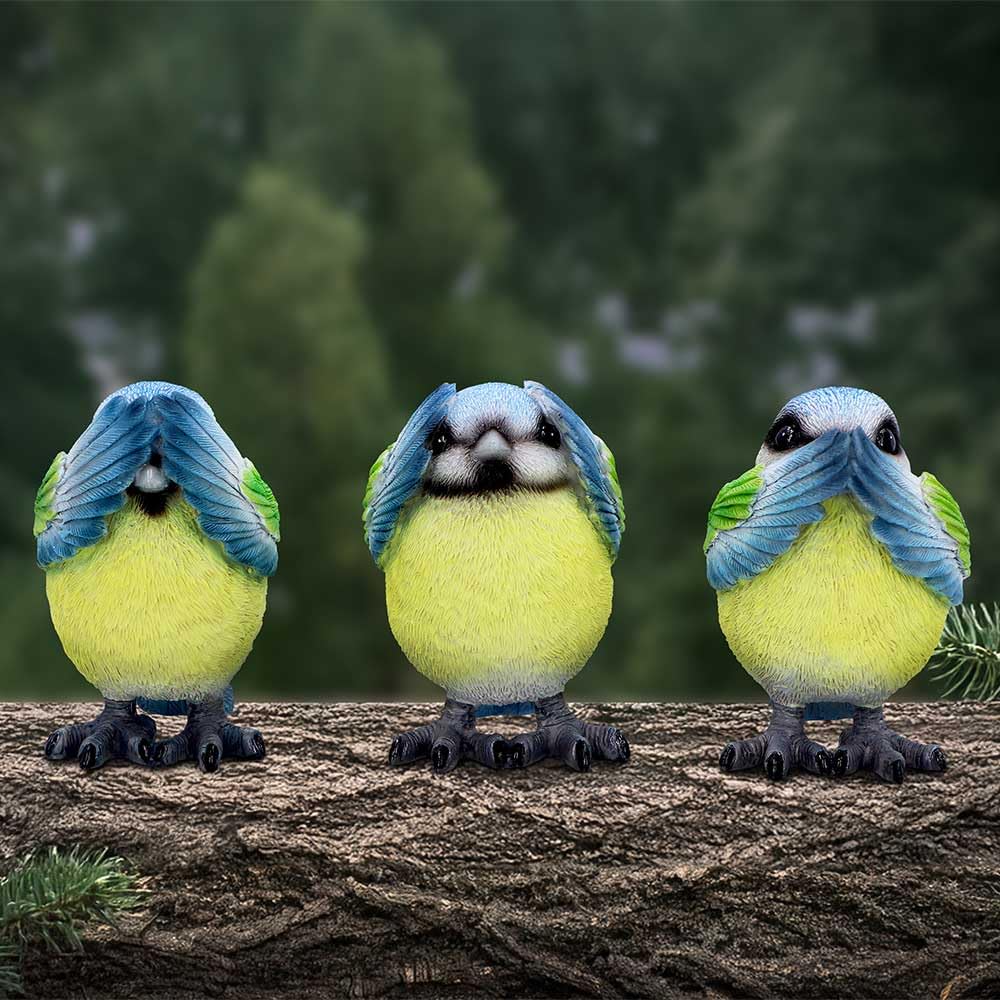 Three Wise Blue Tit Figurines in See no Hear Speak Evil Poses 8cm