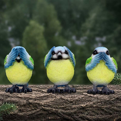 Three Wise Blue Tit Figurines in See no Hear Speak Evil Poses 8cm 7
