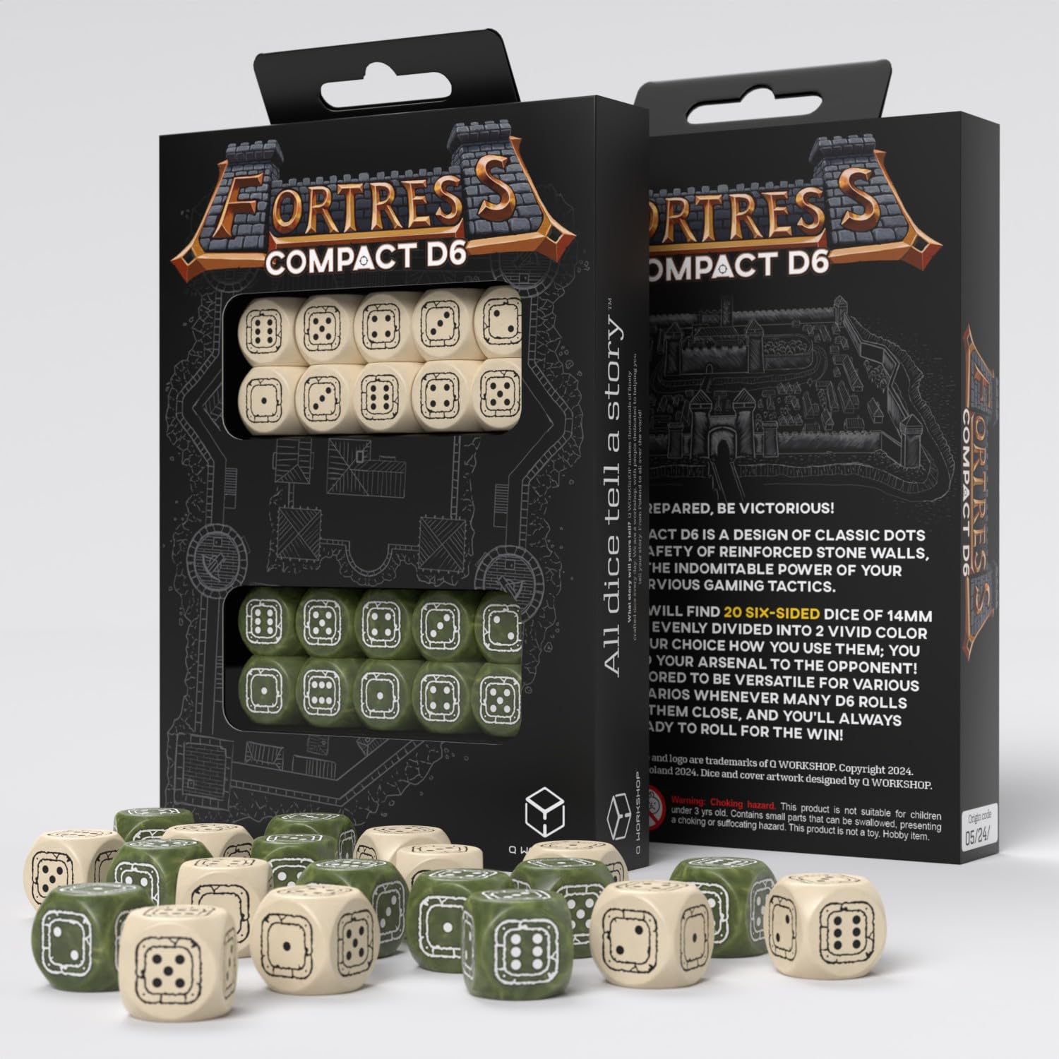 Fortress Compact D6: Beige & Olive by Q-Workshop, Dice for RPG Board Games, for 1+ Players and Ages 14+ 1