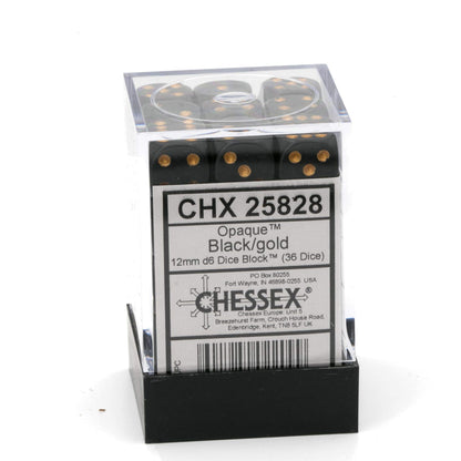 Chessex 25828 Dice-Opaque: 36D6 Black/Gold Set, Multicolor 2