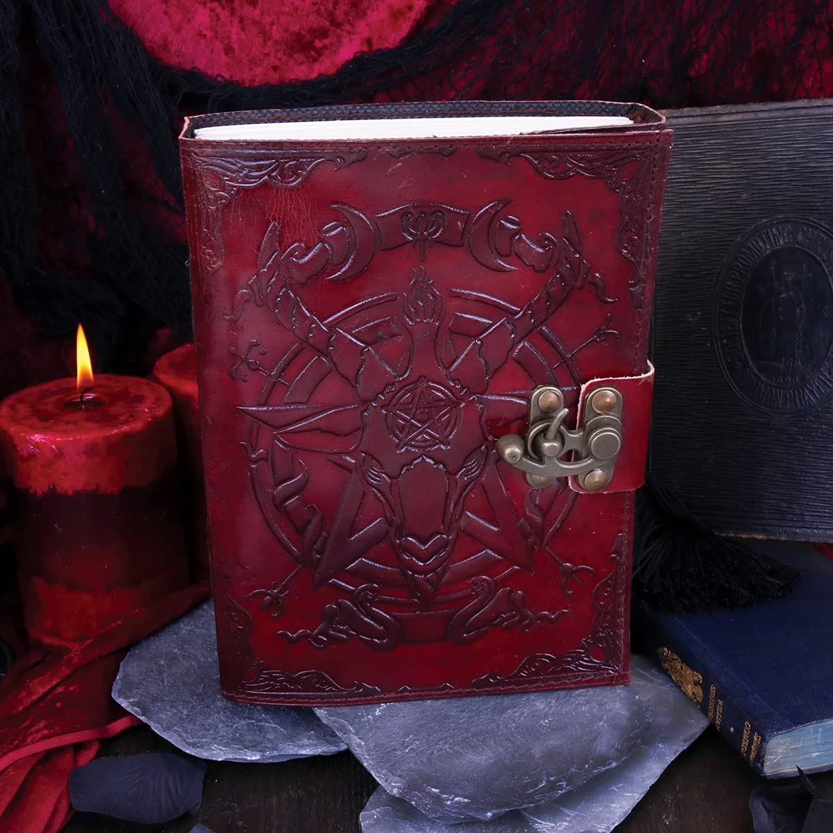 Lockable Red Leather Baphomet Embossed Journal 15cm x 21cm 6