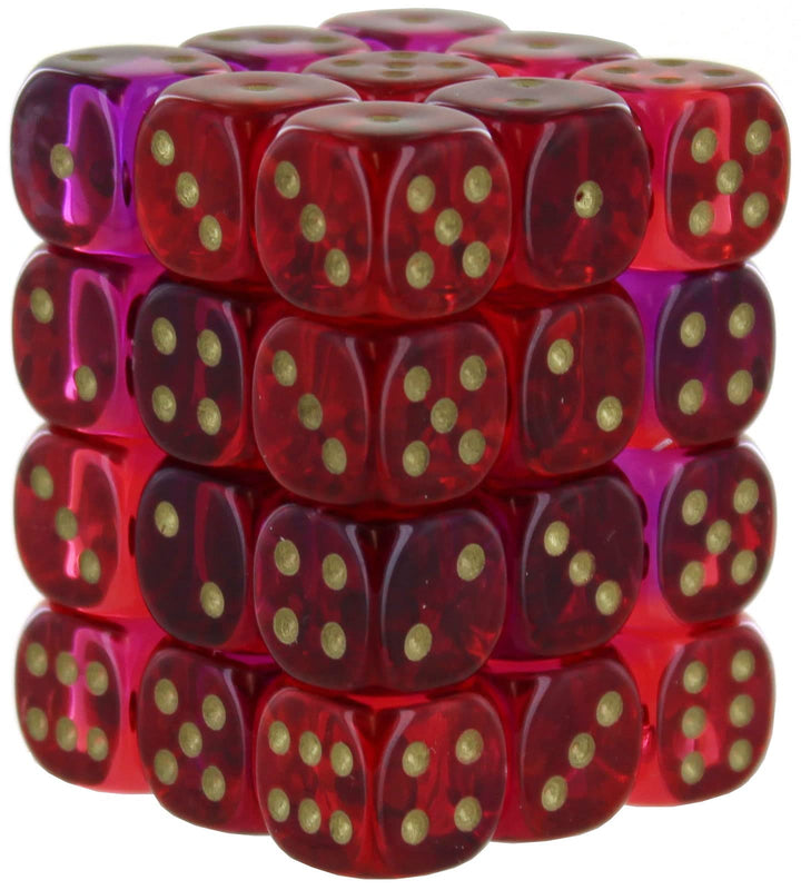 Chessex Dice Set – 12mm Gemini: Translucent Red-Violet/Gold Dice Block – Dungeons and Dragons D&D DND TTRPG Dice – Includes 36 Dice – D6