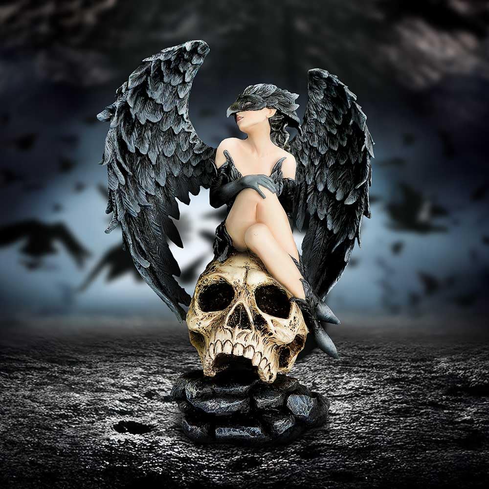 Riven Gothic Winged Figurine Seated on Skull 35cm Statue 7