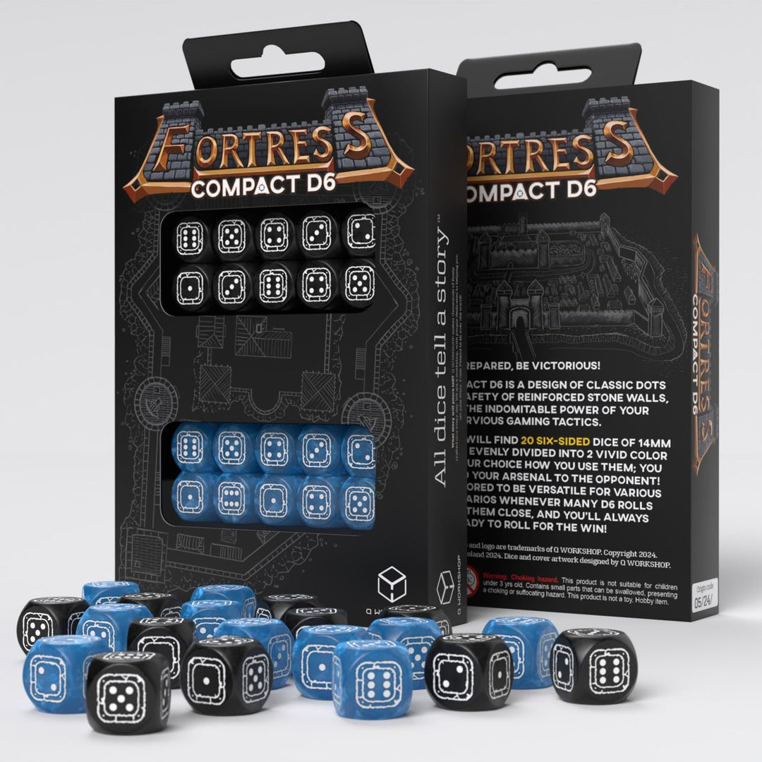 Fortress Compact D6: Black & Blue by Q-Workshop, Dice for RPG Board Games, for 1+ Players and Ages 14+
