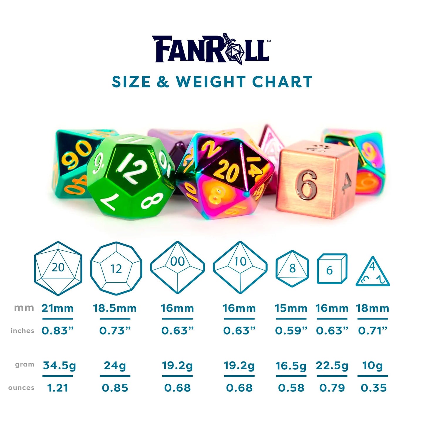 FanRoll by Metallic Dice Games Misfit Metals, Bag of DND Dice, Role Playing Game Dice Accessories for Dungeons and Dragons 5