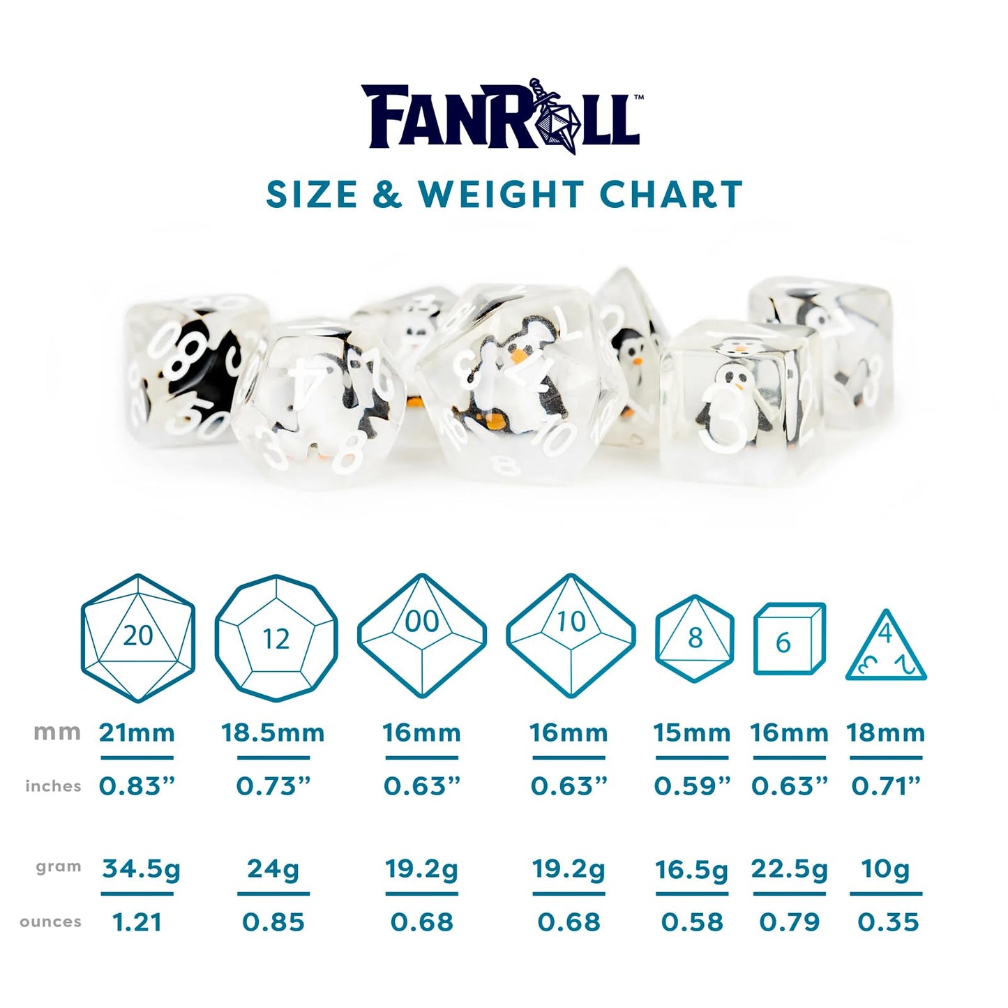 Resin Poly Dice Set Penguin Dice Gaming Accessory by Metallic Dice 8