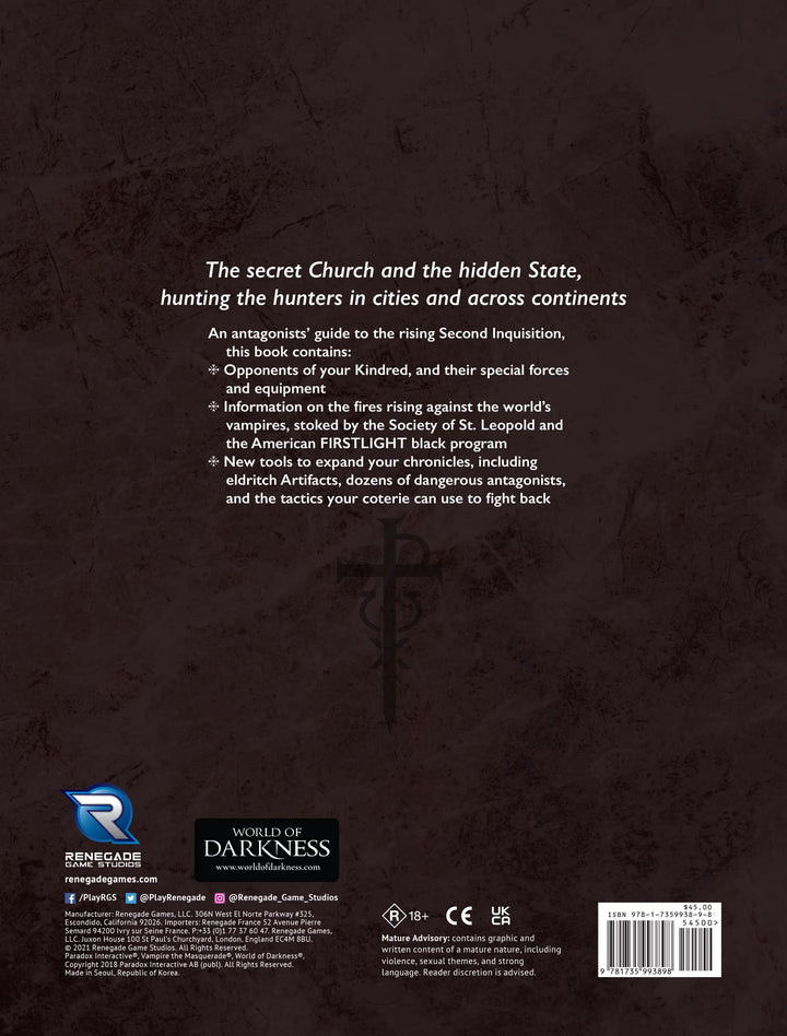 Renegade Game Studios Vampire: The Masquerade 5th Edition Roleplaying Game Second Inquisition, For players age 18 and older