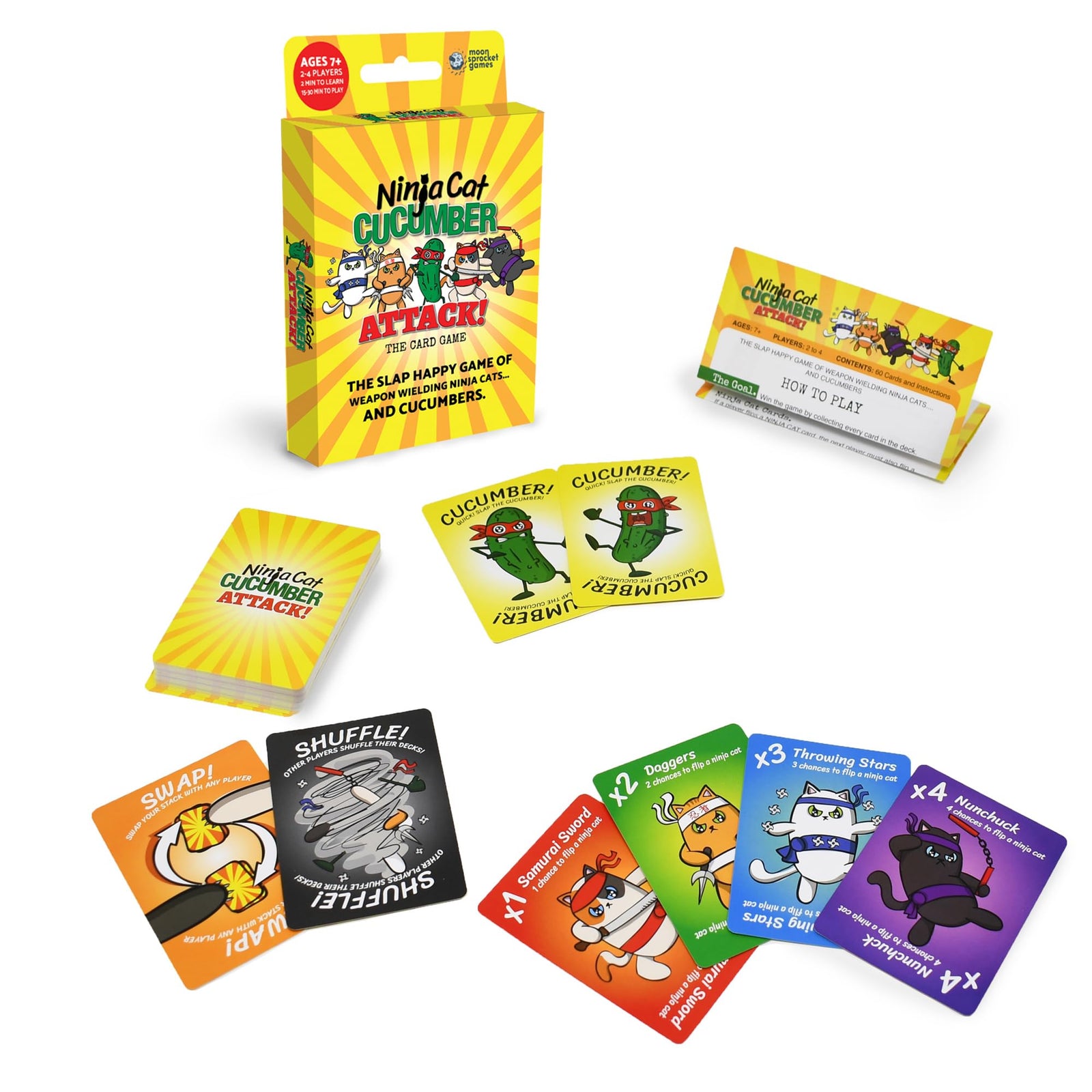 Moonsprocket Games Ninja Cat Cucumber Attack! Card Game - Fast-Paced Slap-Happy Game of Weapon-Wielding Ninja Cats, Fun for Family Game Night, Ages 5+, 2-4 Players, 13-30 Minute Playtime, Made 2