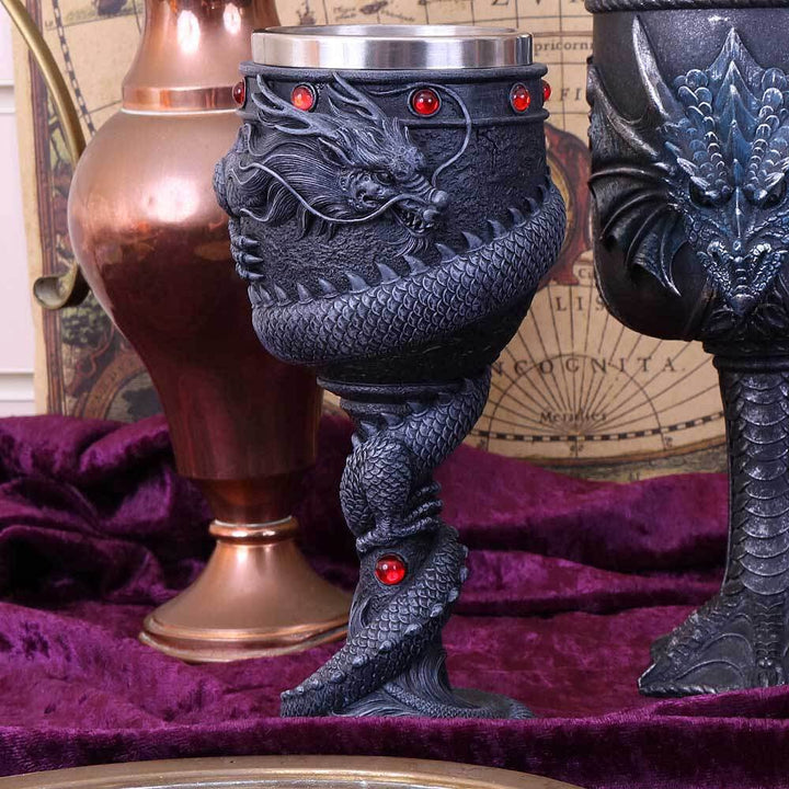 Black Chinese Dragon Coil Goblet Wine Glass 20cm