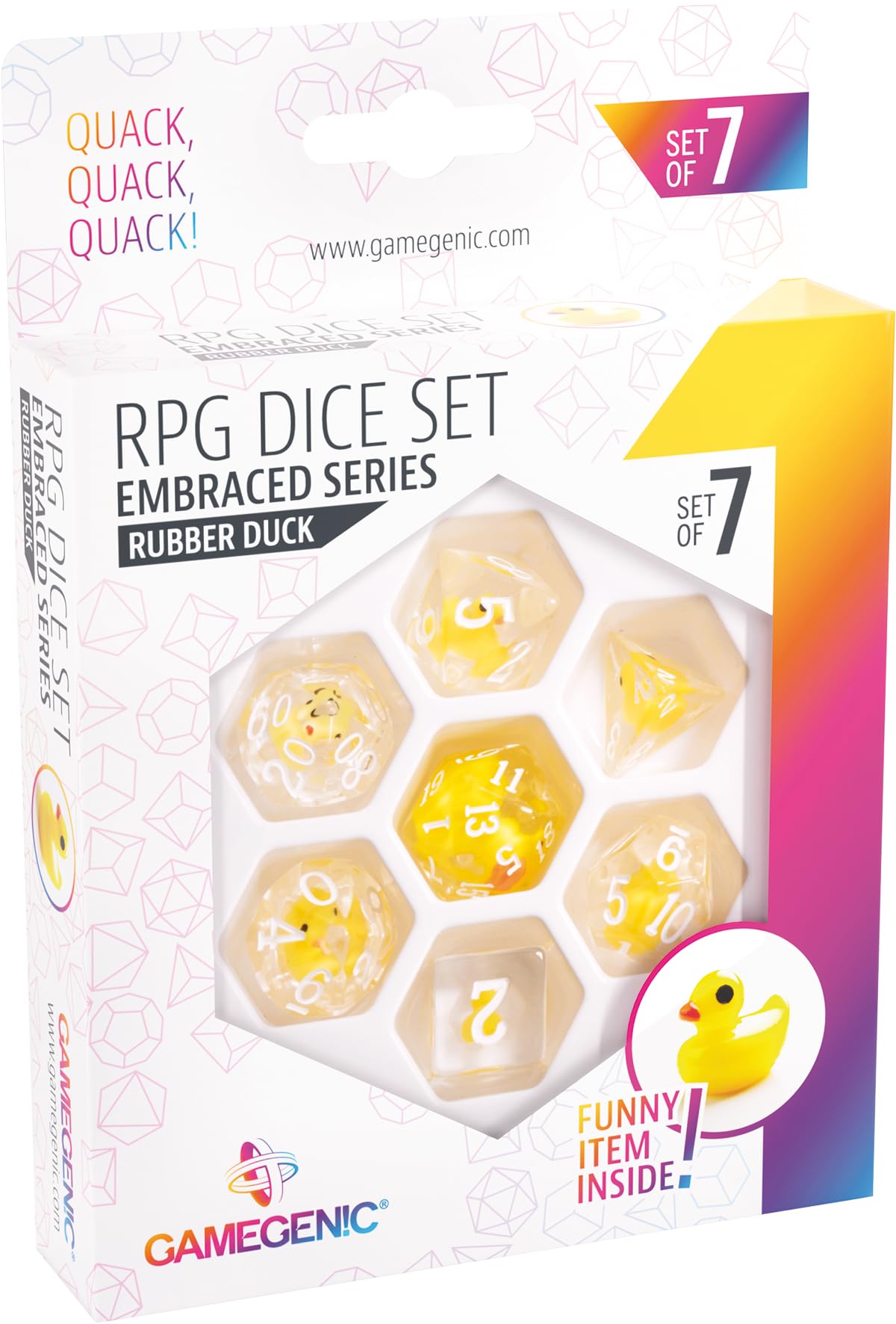 Gamegenic Embraced Series RPG Dice Set | Set of 7 Dice in a Variety of Sizes Designed for Roleplaying Games | Premium Quality Resin Dice with Unique Thematic Rubber Duck Design | Made by Gamegenic 1
