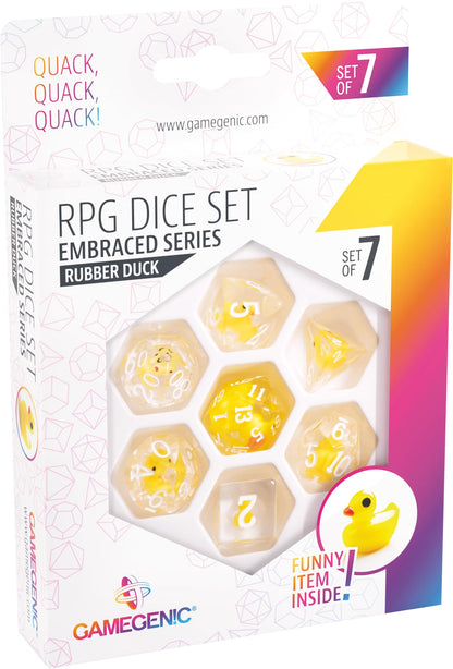 Gamegenic Embraced Series RPG Dice Set | Set of 7 Dice in a Variety of Sizes Designed for Roleplaying Games | Premium Quality Resin Dice with Unique Thematic Rubber Duck Design | Made by Gamegenic 1