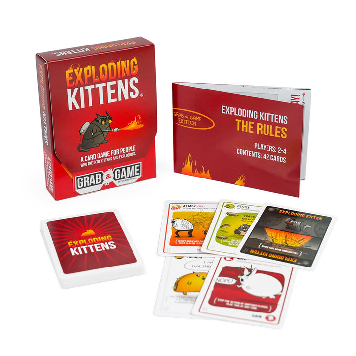 Exploding Kittens Grab & Game - 2-4 Players - Ages 7+ - 10 Minutes to Play - Travel Sized High Stakes Card Game - Party Game, Family Game Night, Kid and Adult Card Game, Red