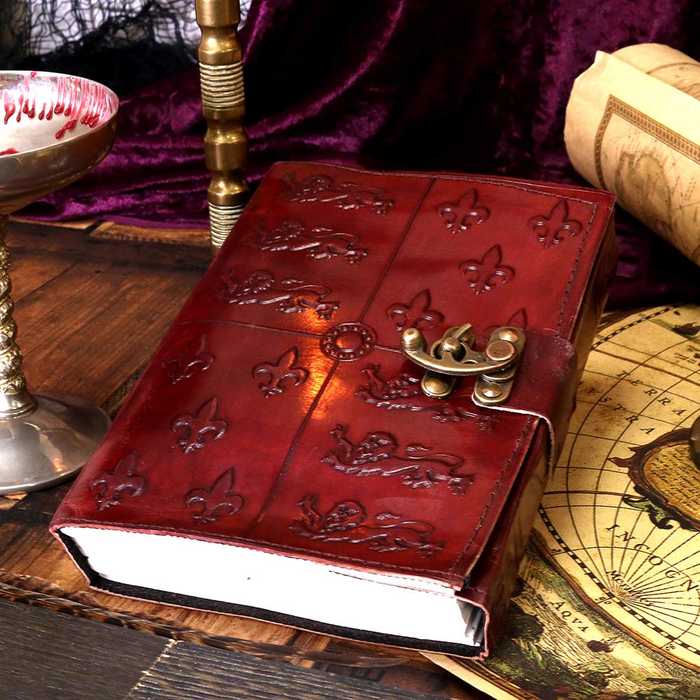 Lockable Red Leather Medieval Embossed Journal 15x21cm