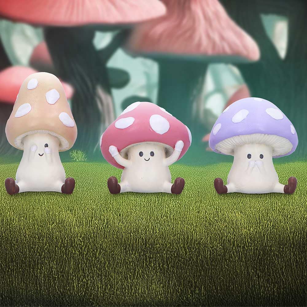 Three Wise Multicoloured Toadstool Figurines in See no Hear Speak evil poses Toadstools 8.5cm