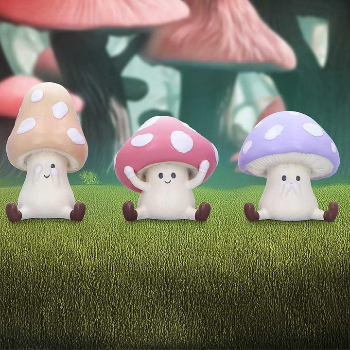 Three Wise Multicoloured Toadstool Figurines in See no Hear Speak evil poses Toadstools 8.5cm