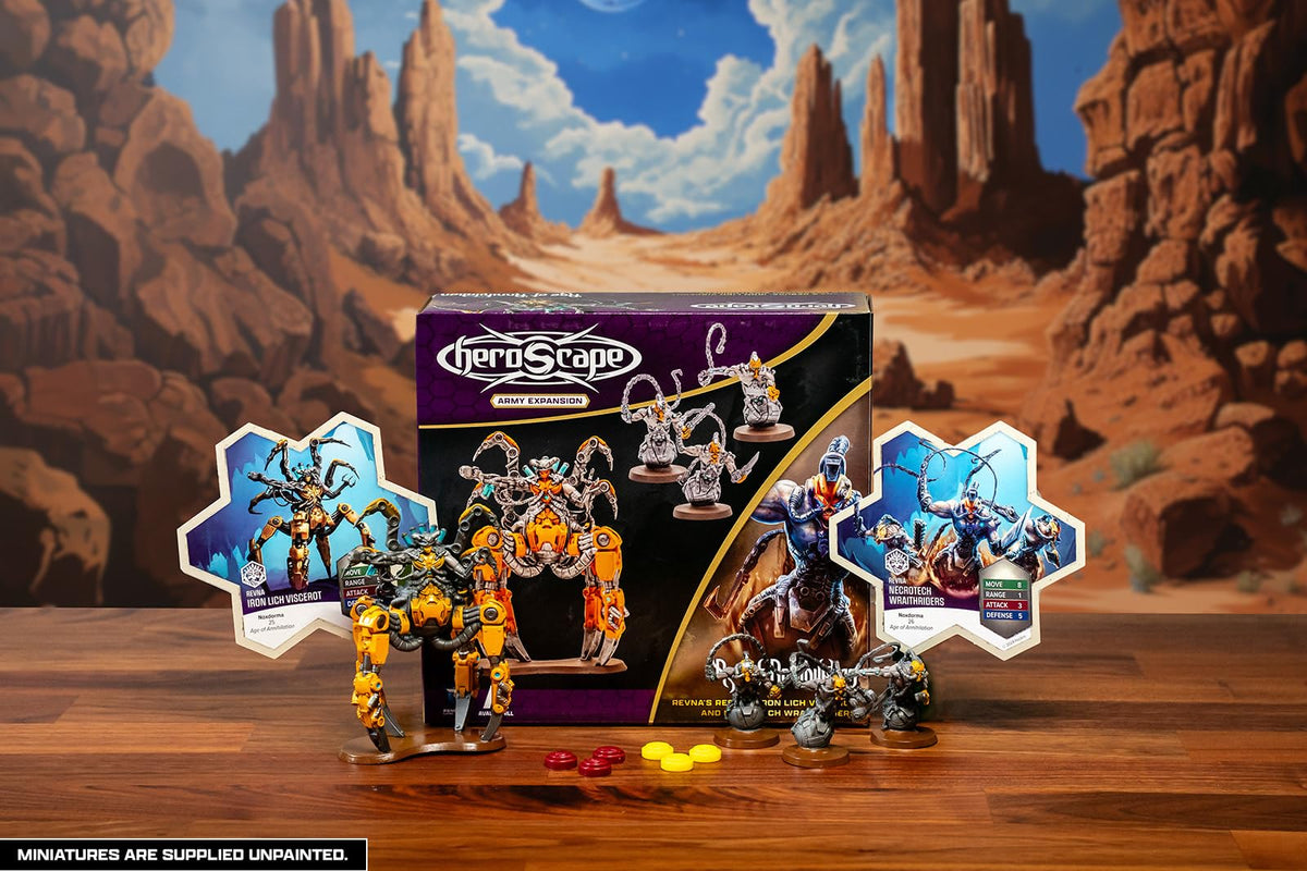 Renegade: Heroscape: Revna’s Rebuke: Iron Lich Viscerot & Necrotech Wraithriders Army Expansion - 4 New Detailed Miniatures, Unpainted, Ages 14+ 4